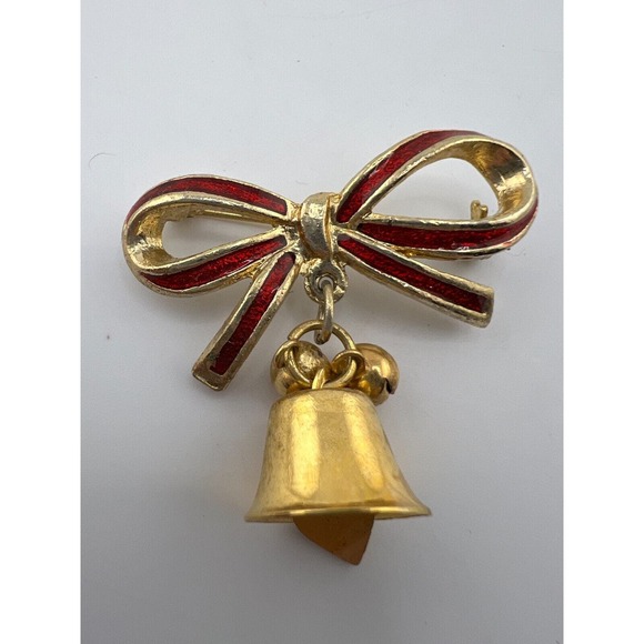 Vintage Jingle Bell Bow Metal Enamel Christmas Brooch Pin - Picture 1 of 5